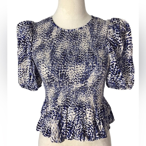 Express Animal Print Puff Sleeve Smocked Blouse Size Small - Picture 2 of 6